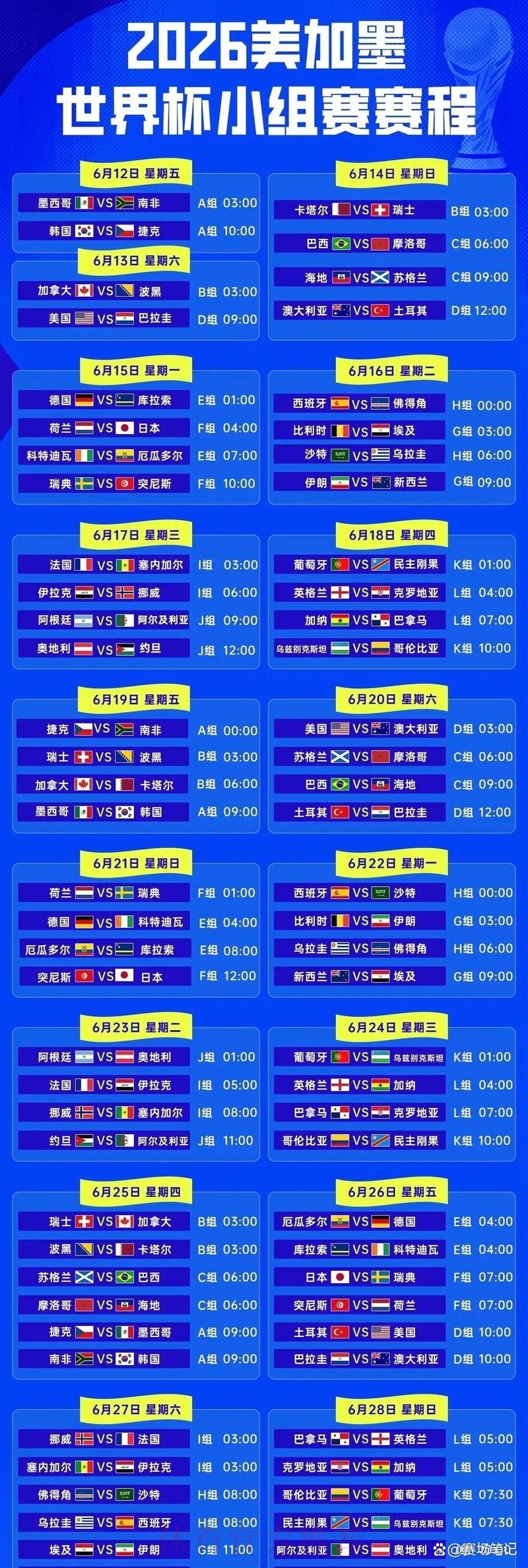 2026世界杯比赛时间安排 2026世界杯比赛时间安排